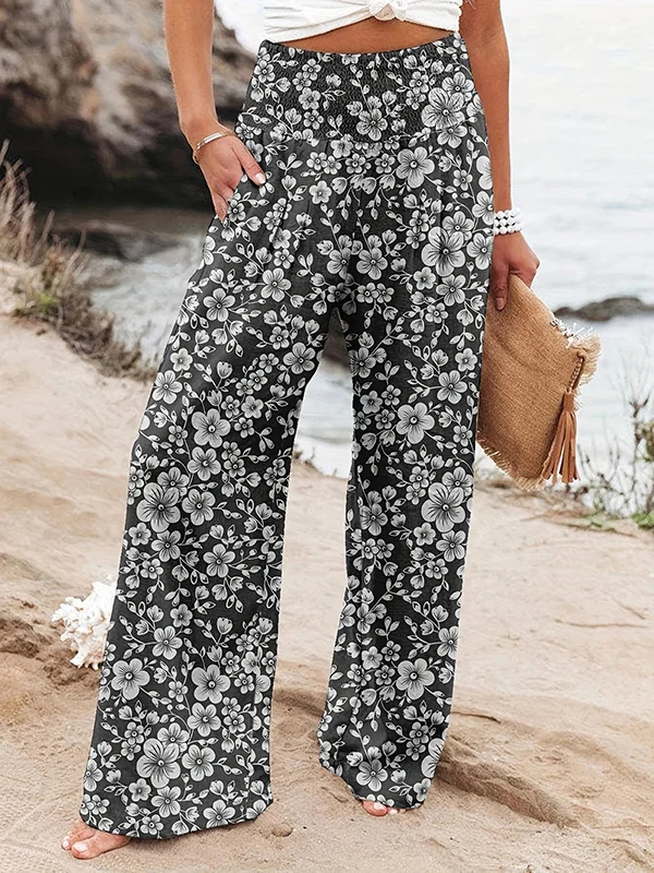 Elasticity Flower Print Pleated Pockets High Waisted Loose Trousers Pants