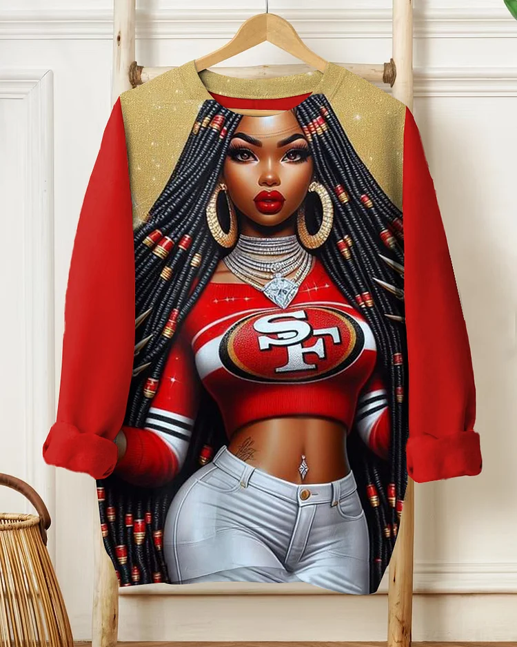 Rugby Cartoon Girl Print Long Sleeve Sweatshirt