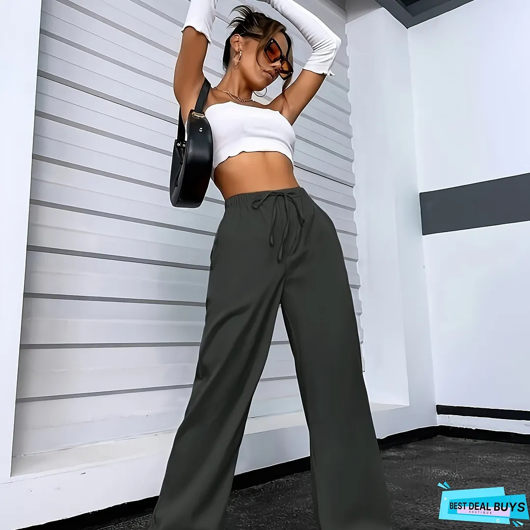 Drawstring Waist Straight Leg Pants, Casual Solid Pants For Spring & Fall, Women's Clothing