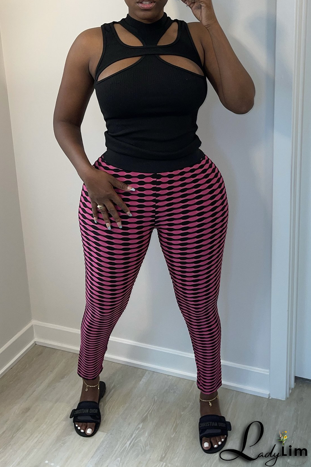 Blue Sexy Print Fold Skinny High Waist Pencil Full Print Bottoms