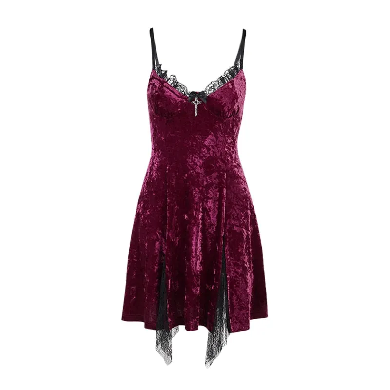 InsGoth Gothic Dress Vintage Sexy Lace Red Mini Dress Grunge Dark High Waist Slit Dress Goth Lolita Noble Velvet Party Dresses