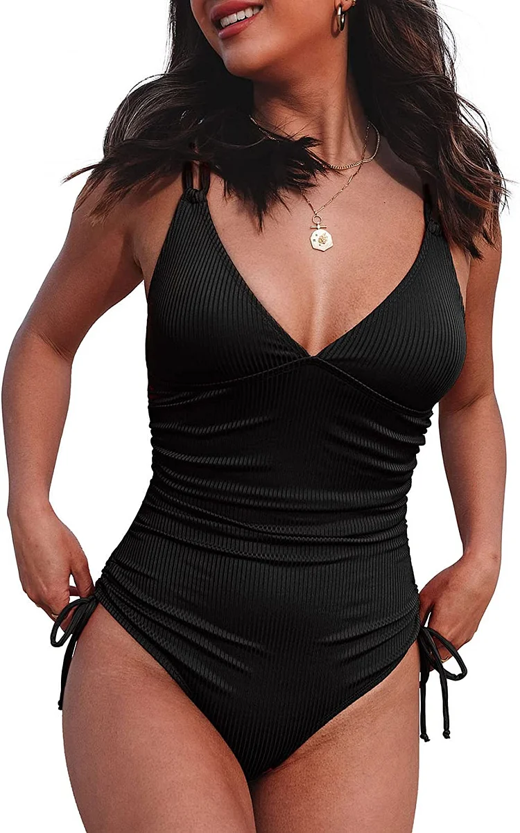 V Neck One Piece Cheeky Tie Side Tummy Control Swimsuits