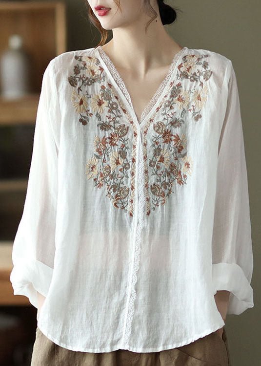 Natural White V Neck Linen Shirt Top Long Sleeve CK2703- Fabulory