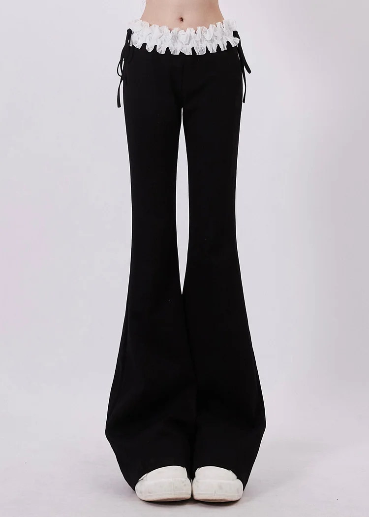 Boutique Black Lace Drawstring Patchwork Cotton Flared Trousers Spring