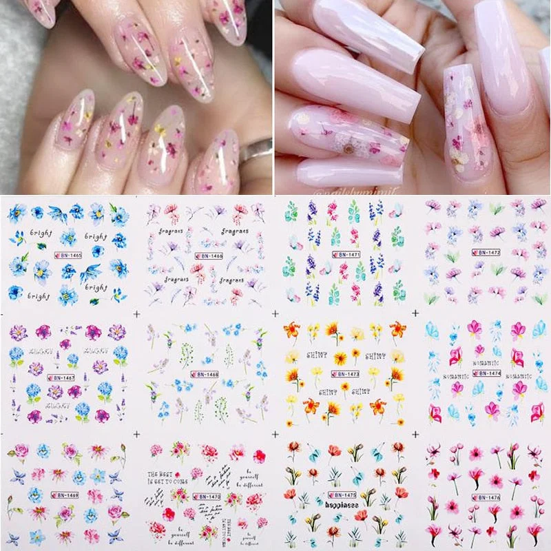 Harunouta 12pcs Simple Green Theme Water Decal Sticker Flower Leaf Tree Summer DIY Slider For Manicuring Nail Art Watermarks