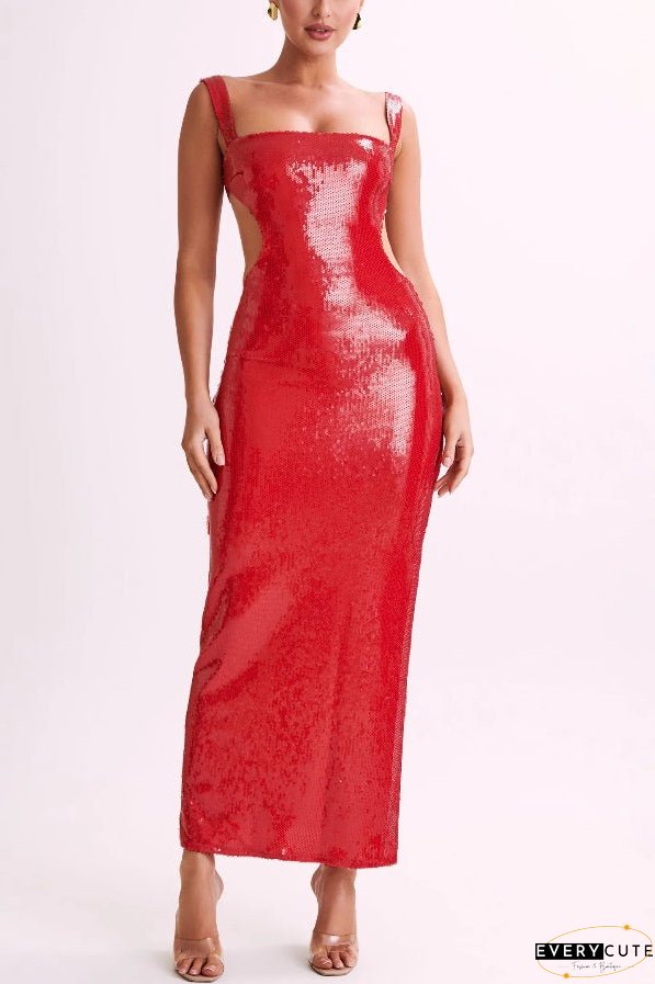 Slim Fit Square Neck Halter Backless Maxi Dress