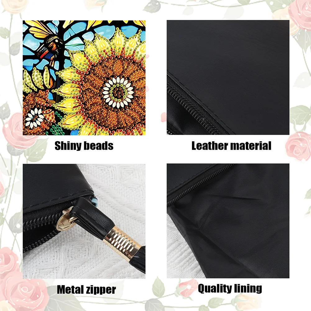 DIY Sunflower PU Partial Special Shaped Diamond Painting Wallet Makeup Bag