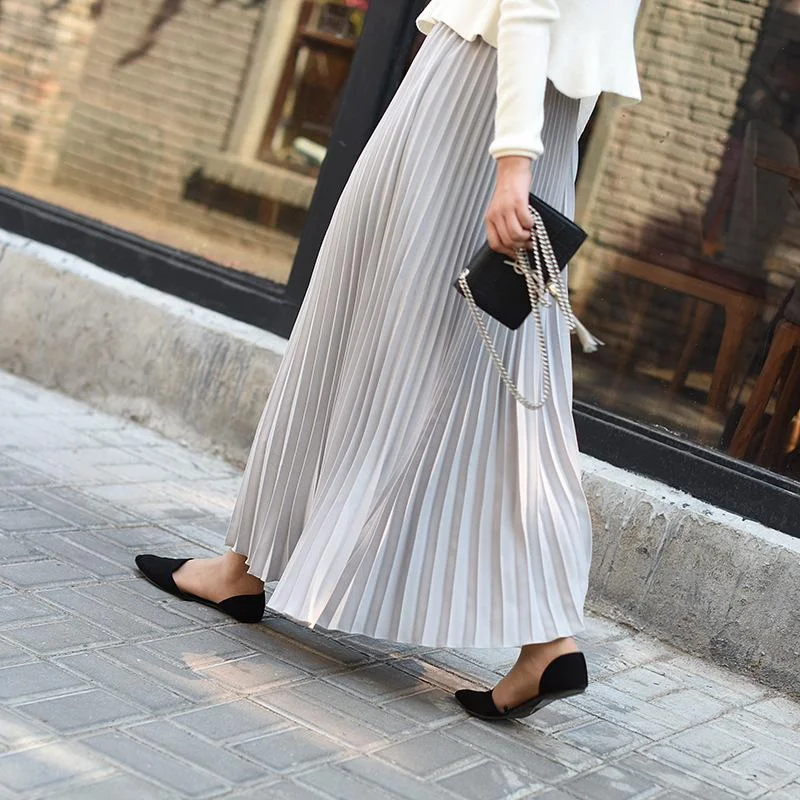 Womens Vintage Pleated Midi Long Skirt Female Korean Casual High Waist Chiffon Skirts Jupe Faldas Autumn
