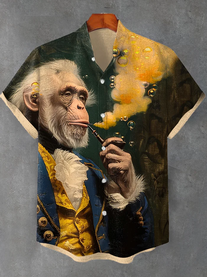 Men's Retro Funny Monkey Jazz Smoking Oil Painting Print Shirt