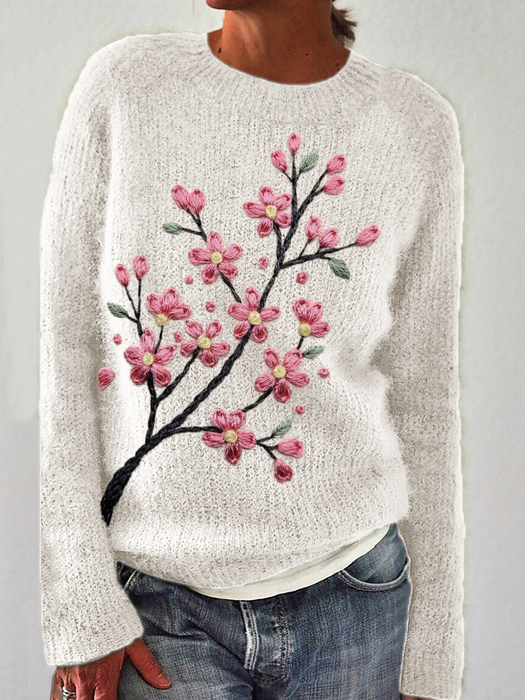 Classy Cherry Blossom Embroidered Cozy Knit Sweater  artssus