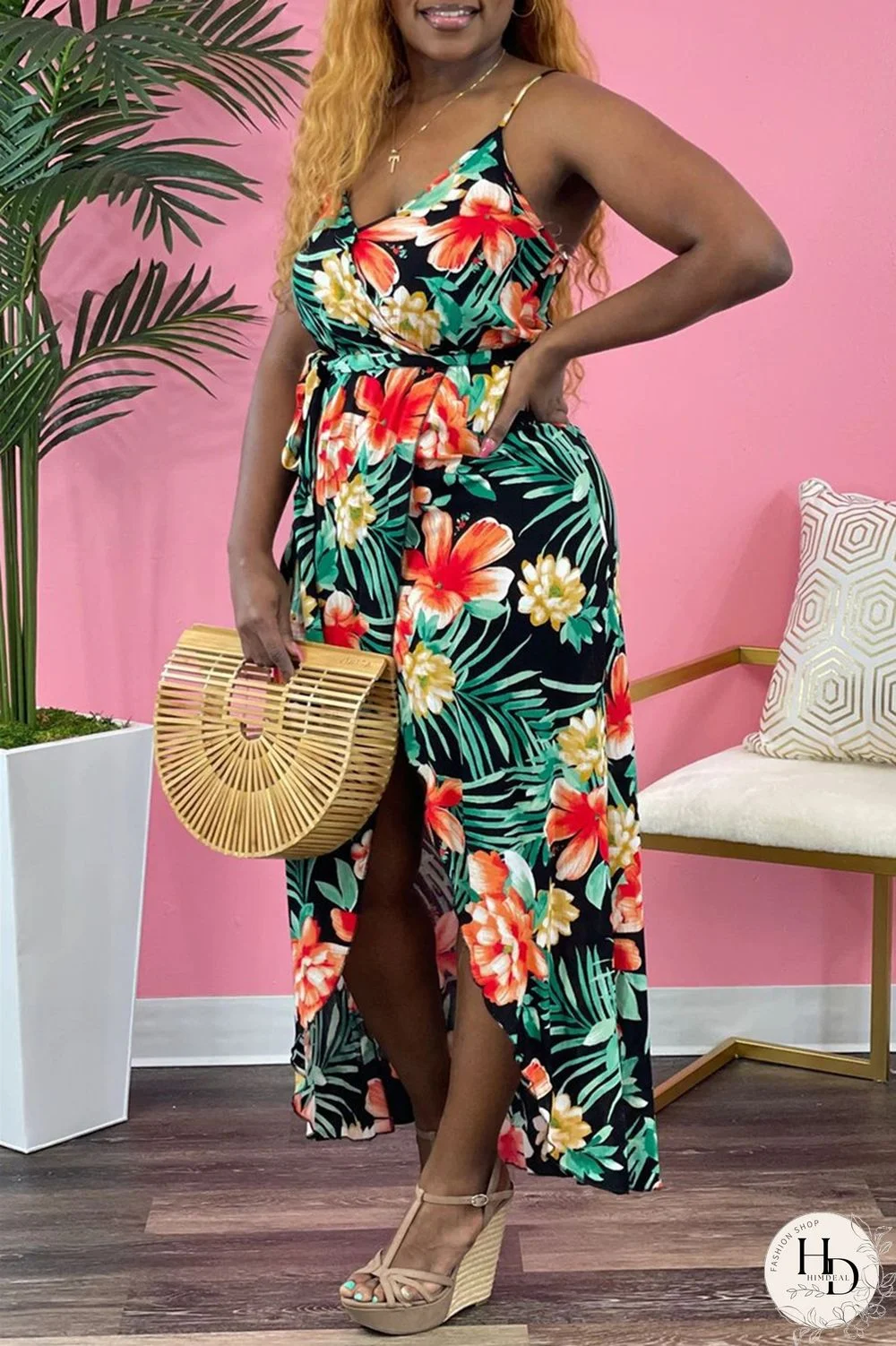 Red Sexy Casual Print Bandage Backless V Neck Sling Dress