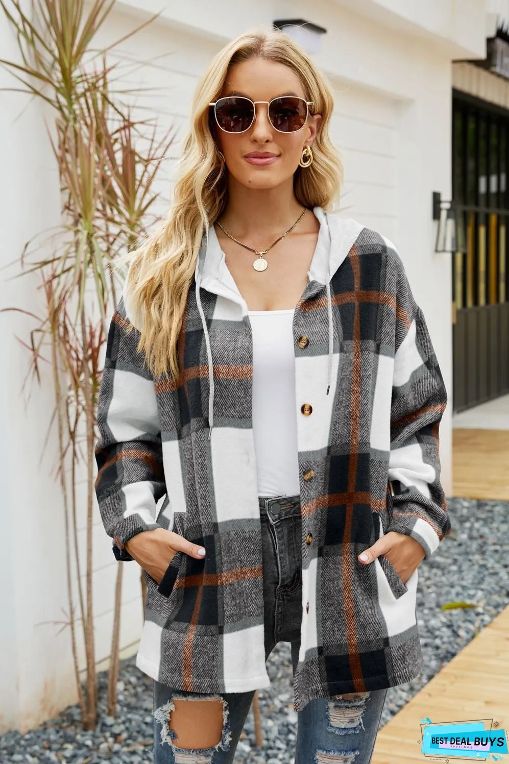 Drawstring Hooded Plaid Shacket Coat With Pocket