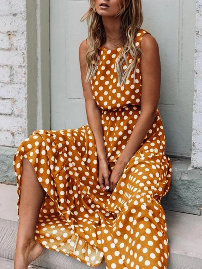 Pure color polka dots round neck dress