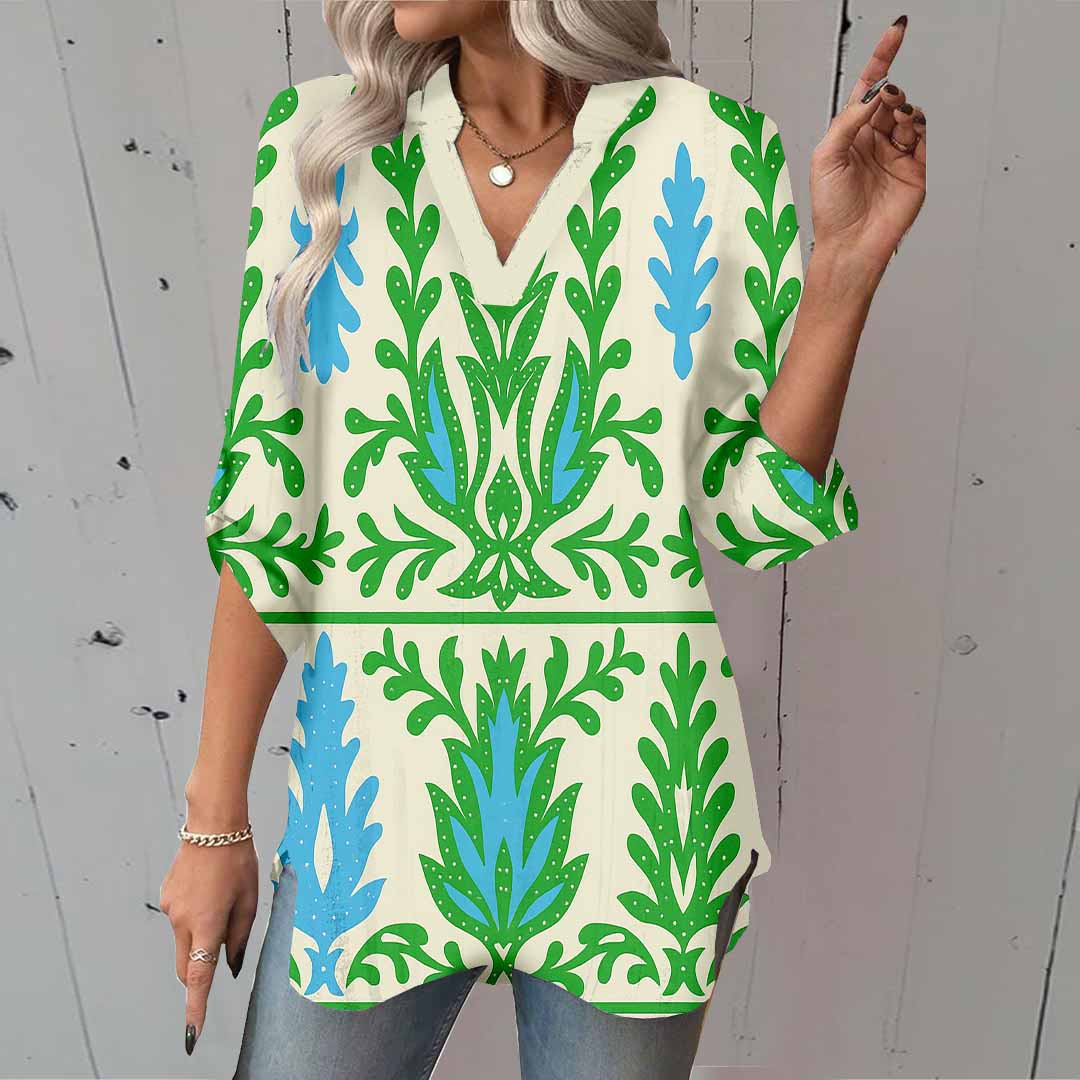 Women Tropical, Green, Blue DZGA0101 3/4 Sleeve V-neck Printed Graphic Button Tops