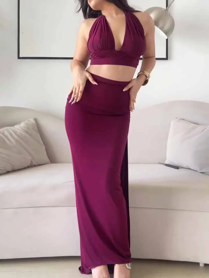 Burgundy Halter - Neck Crop Top & Maxi Skirt Set