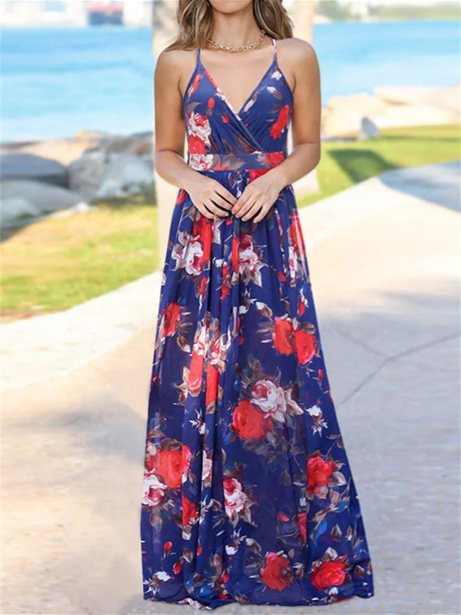 Women's Sleeveless V-neck Floral Printed Maxi Dress