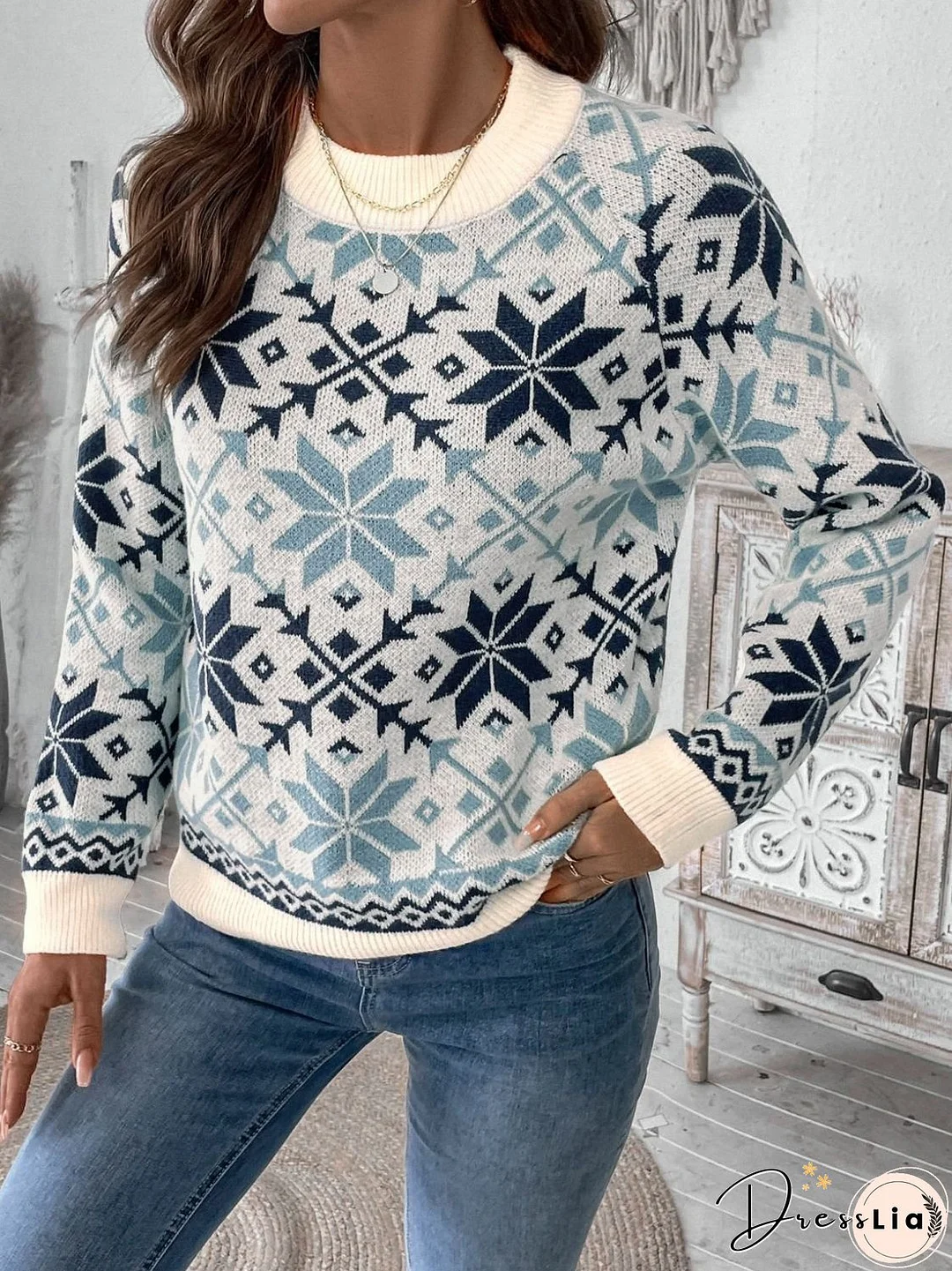 Perfee Graphic Round Neck Long Sleeve Sweater