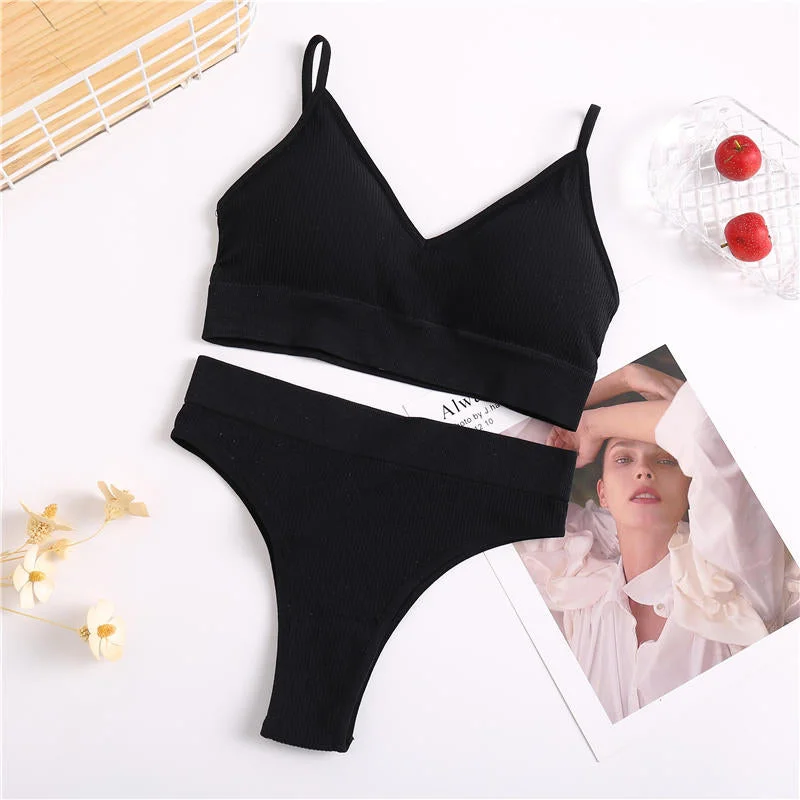 Women Bra Set Sexy Lingerie Suit Underwear Brassiere + Thong Panties Female Tank Crop Tops Set Bralette Black Blue Solid Color