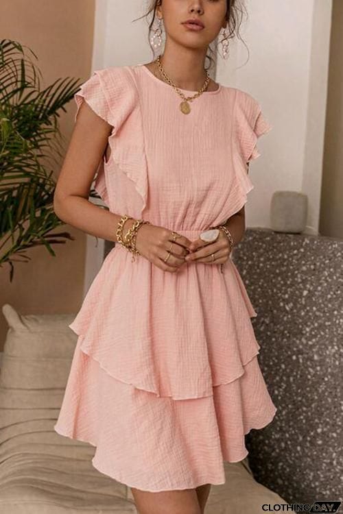 Ruffle Trim Ruched Waist Layered Hem Dress