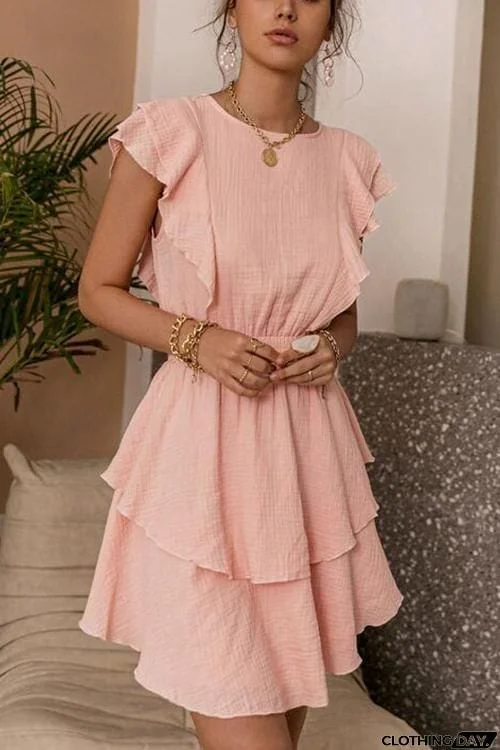 Ruffle Trim Ruched Waist Layered Hem Dress