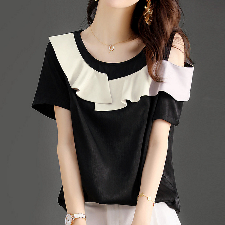 Black Shift Cold Shoulder Silk-Chiffon Shirts & Tops QueenFunky