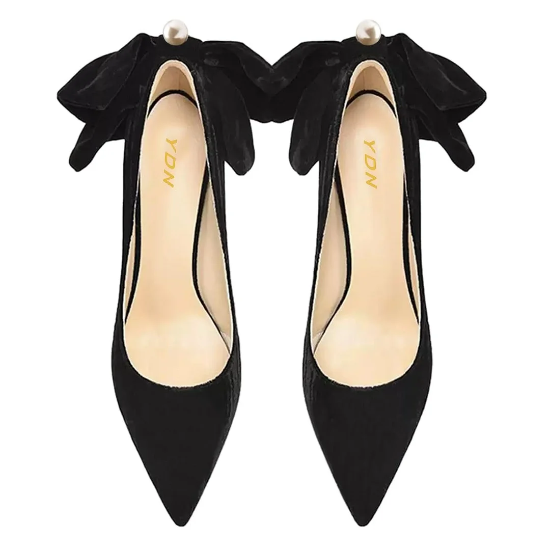 Velvet Pointed Toe Back Bow Flared Heel Black Pumps for Women