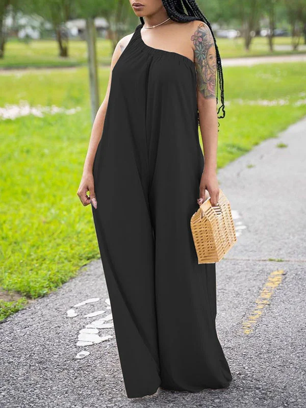 Loose Solid Color One-Shoulder Backless Vacation Jumpsuit