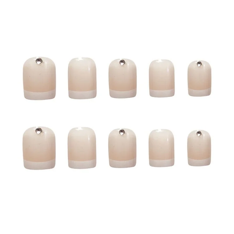 24pcs/Set Short French False Nails Summer Square Head Nude Pink Rhinestone Decal Full Beauty Acrylic Nail Art Tips with Glue-Nail Inspo