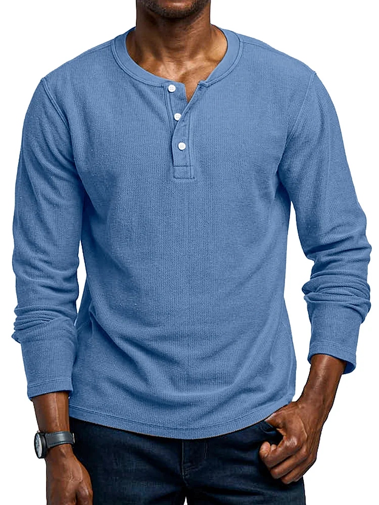 Men's Simple Solid Color Vintage Waffle Long Sleeve Henley Shirt