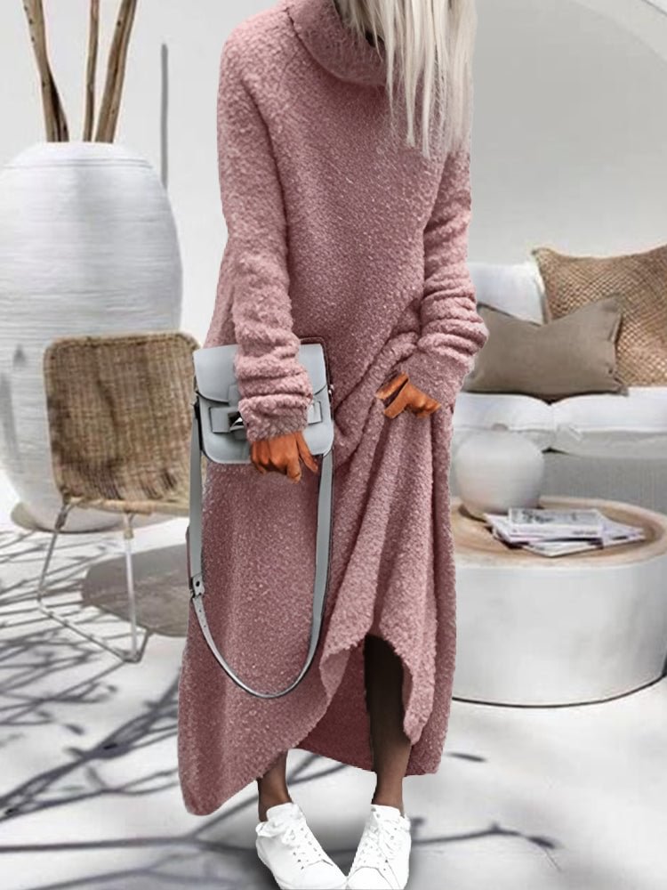 Plush Casual Solid Color Turtleneck Dress