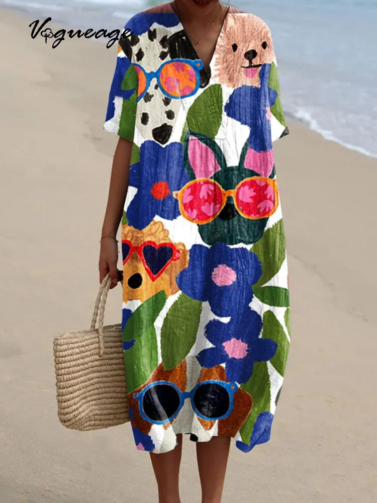 Colorful Casual Fashion Glasses Dog Flower Printed Women's Casual Cotton And Linen Dress