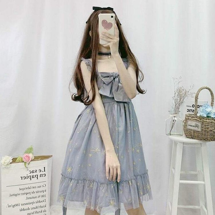 Gray/Beige Cute Galaxy Bowknot Soft Lolita Dress SP16913