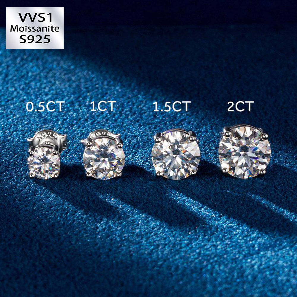 0.5Ct/1Ct/2Ct VVS1 Moissanite Brilliant Round Cut Stud Earrings in S925 Silver