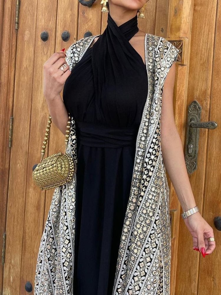 Cross Hanging Neck Dress and Geometry Pattern Outerwear