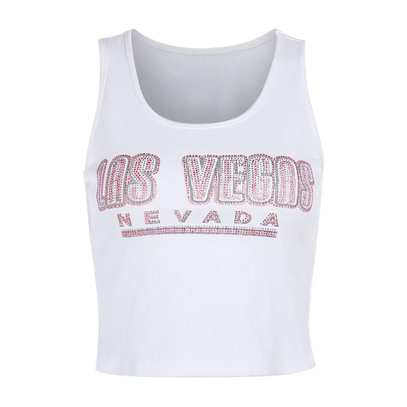 Uveng 2024 Summer New Personality Trend Small Vest Fashion Casual Repair Printing Hot Diamond Top Woman
