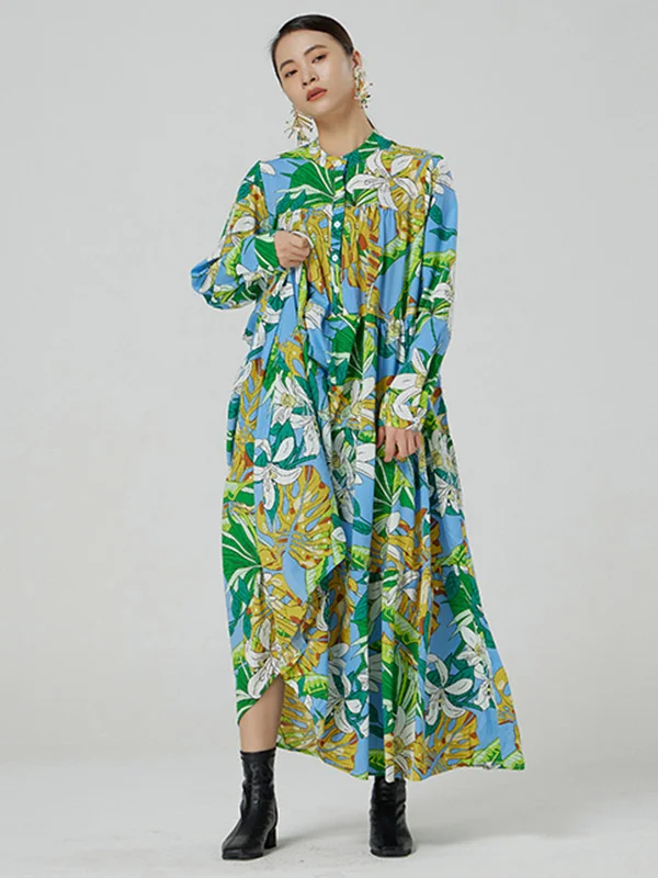 Vintage Floral Printed A-Line Long Sleeves Midi Dresses