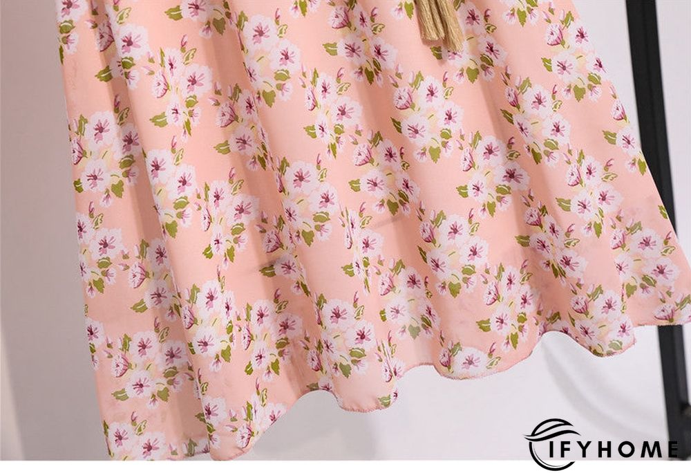 Spring Summer Chiffon Women V-Neck Floral Print Short Dresses Sweet Ruffle Sleeeve Slim Drawstring Ladies Dress | IFYHOME