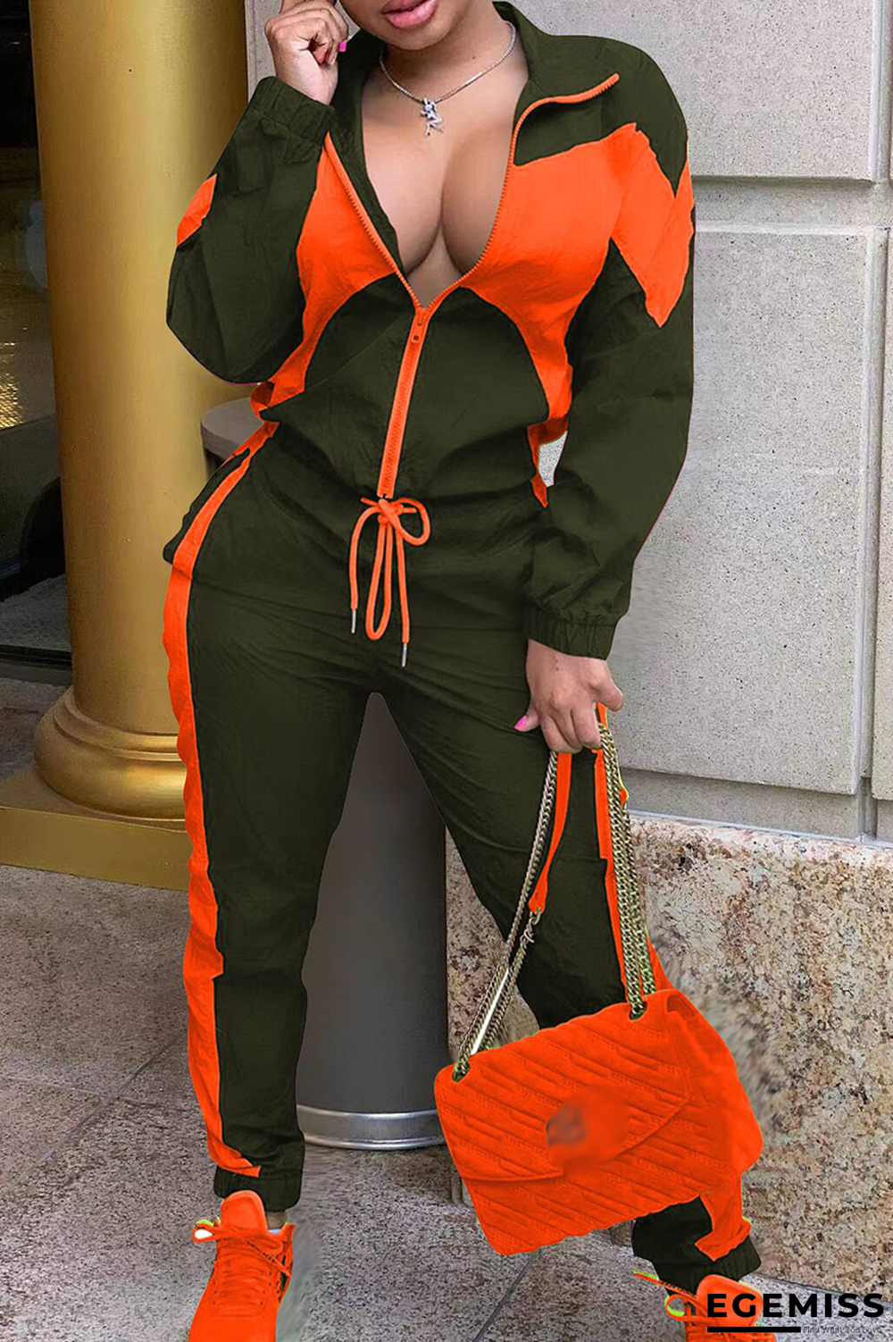 Army Green Street Solid Draw String Turndown Collar Long Sleeve Two Pieces | EGEMISS