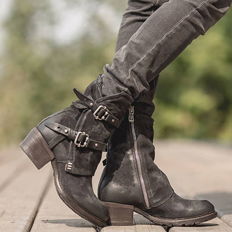 VCSHOES Leather Buckle Zipper Chunky Heel Ankle Boots