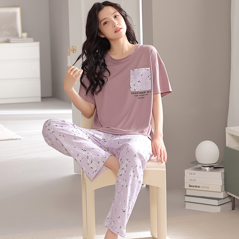 Alccn Summer small floral pyjamas women big yards female modal cotton pajamas set short sleeve long pants casual tracksuit pijamas 4XL