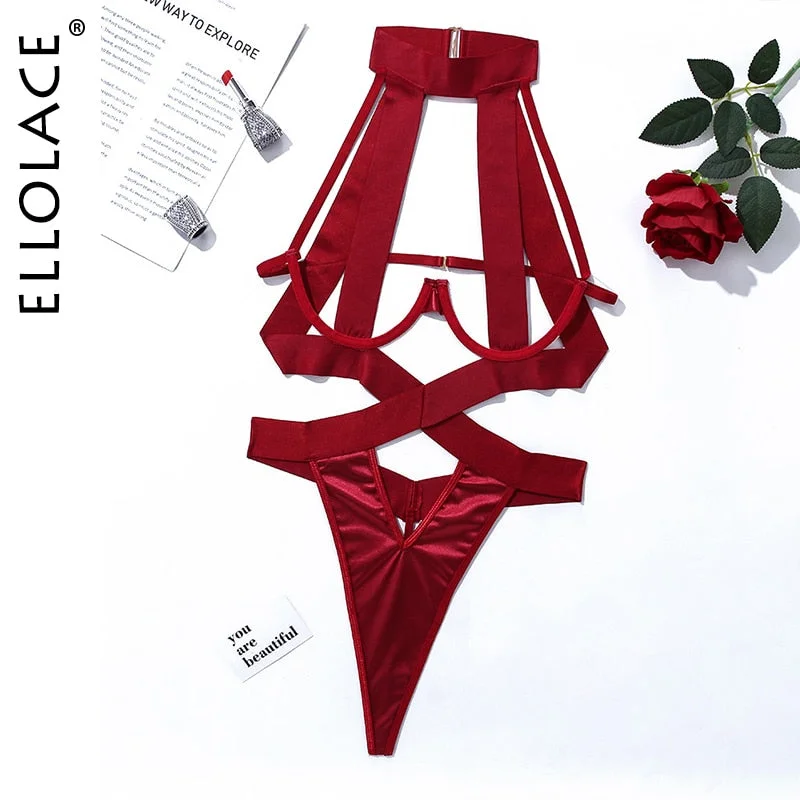 Ellolace Bandage Sexy Lingerie Bodysuit Women Halter Hollow Out Exotic Clothes Black Porn Bottom Whore Sissy Hot Sensual Body