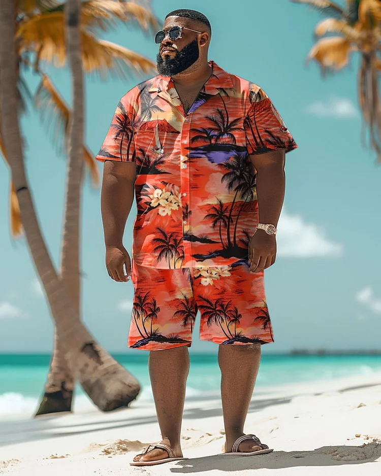 Men's Plus Size Hawaiian Sunset Coconut Tree Gradient Print Shirt Shorts Suit