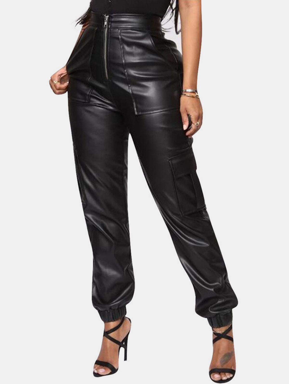 Casual Zipper PU Leather Cargo Jogger Pants