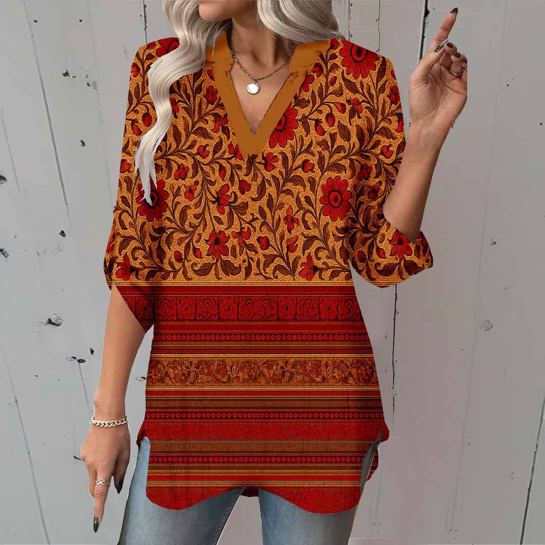 Women Bohemian,Orange,Red DZGA0322 3/4 Sleeve V-neck Printed Graphic Button Tops