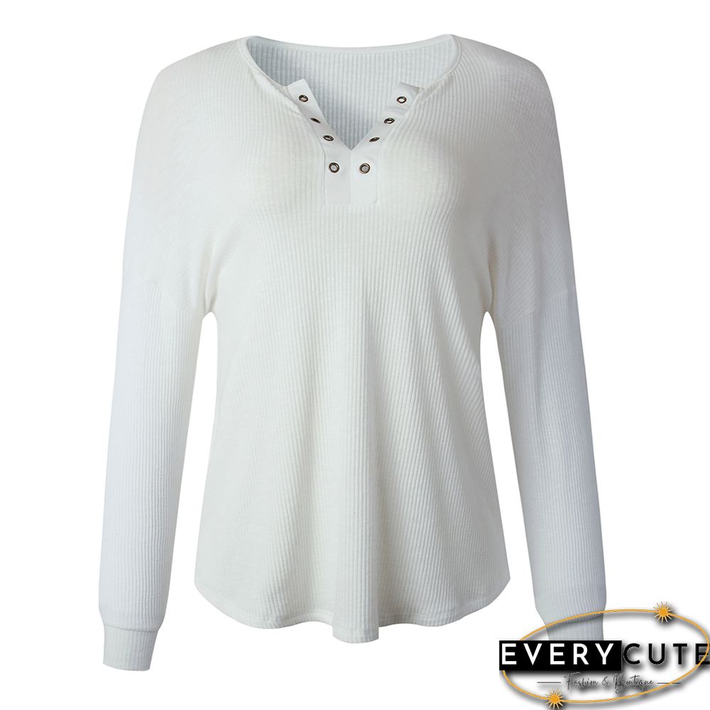 White V Neck Washed Grommet Long Sleeve Top