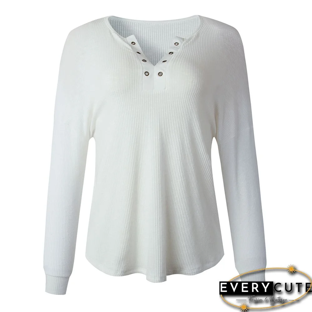 White V Neck Washed Grommet Long Sleeve Top