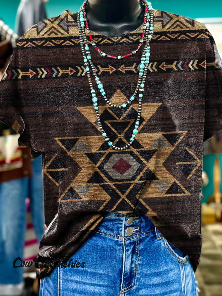 Retro Ethnic Art Pattern Print T-Shirt Brown / S