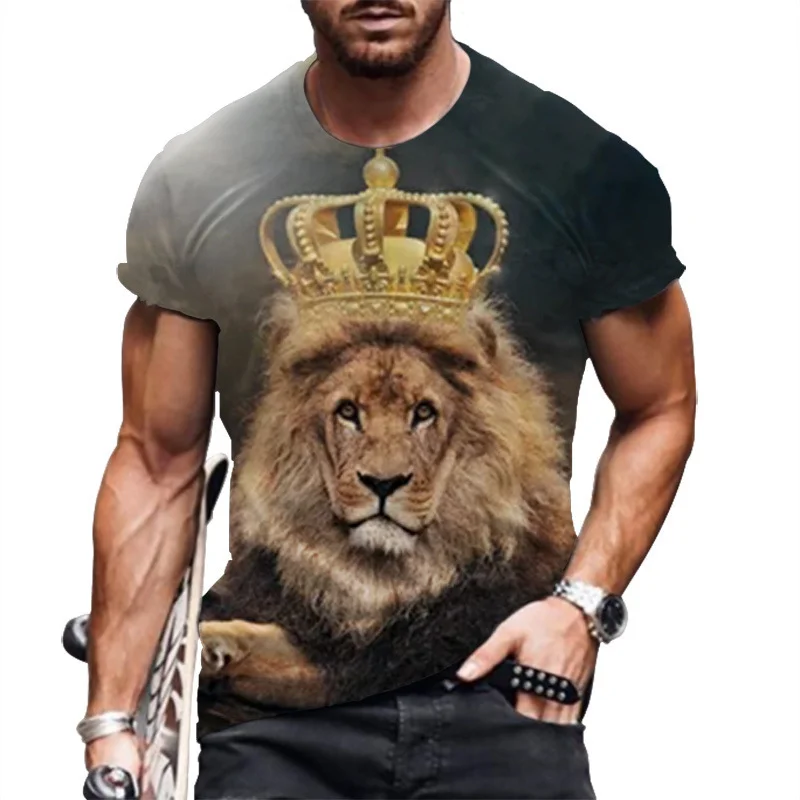 Street Fashion Trend Lion 3D Printed Men's Shirt with Short Sleeves and Round Collar