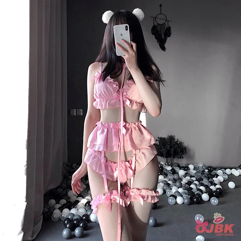 Sexy Pink Lingerie Set Cute Ruffles Costumes Lolita Women Erotic Lace Ladies Kawaii Soft Girl Pajamas Cosplay Outfit Underwear