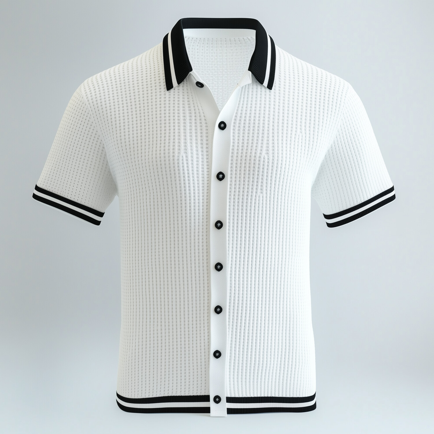 Men's Contrast Stripes Turndown Collar Short Sleeve Button Knitted Shirt